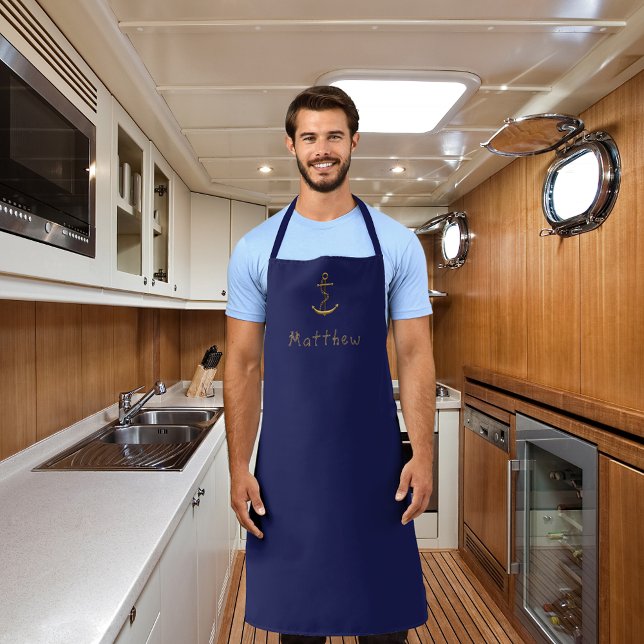 Navy blue gold anchor custom name nautical apron (Creator Uploaded)