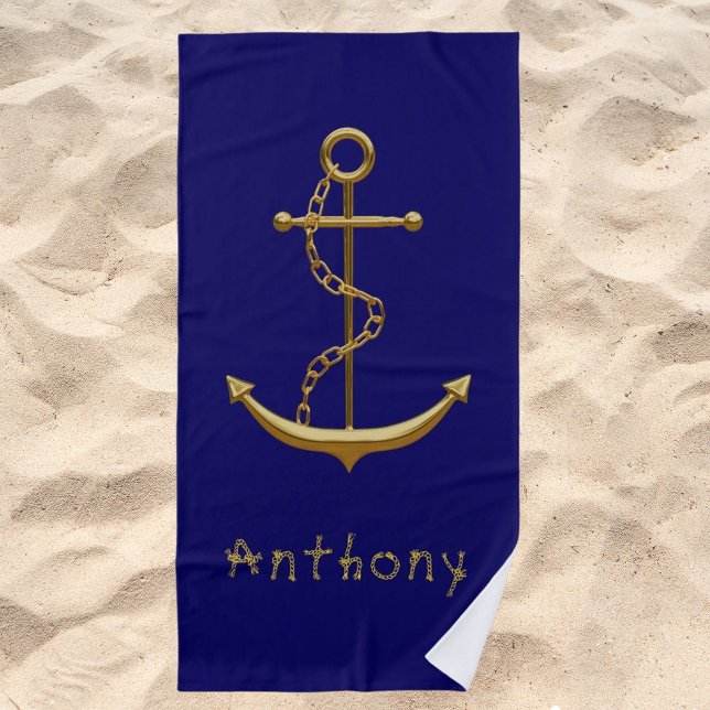 Navy blue gold anchor name beach towel (Creator Uploaded)