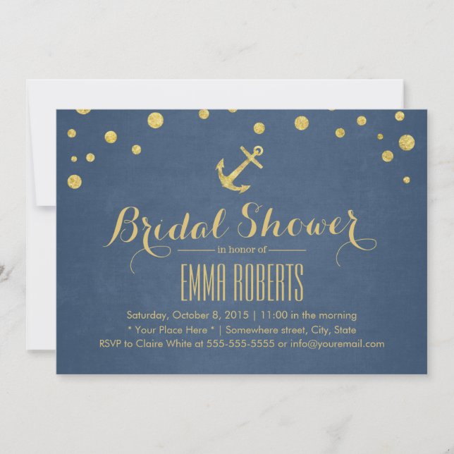Navy Blue Gold Anchor Nautical Bridal Shower Invitation (Front)