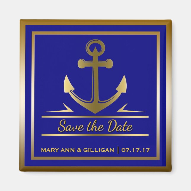 Navy Blue Gold Anchor Nautical Wedding Save Date Magnet (Front)
