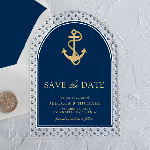 Navy Blue Gold Anchor Wedding Save the Date Acrylic Invitations