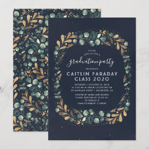 Navy Blue Gold and Green Vintage Graduation Party Invitation