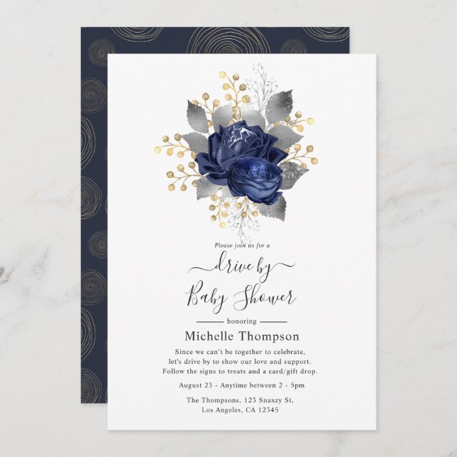 Navy Blue, Gold and Silver Floral Drive By Shower Invitation (Front/Back)