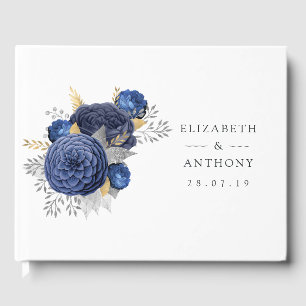 Navy Blue, Gold and Silver Floral Wedding Guest Book