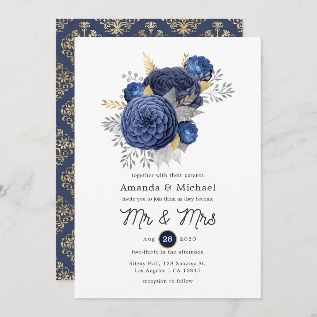 Navy Blue, Gold and Silver Floral Wedding Invitation (Front/Back)