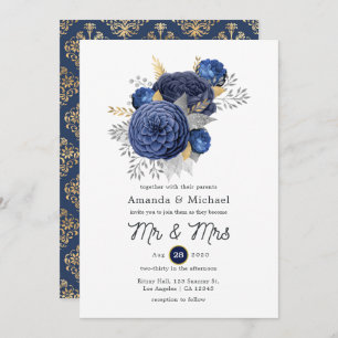 Navy Blue, Gold and Silver Floral Wedding Invitation