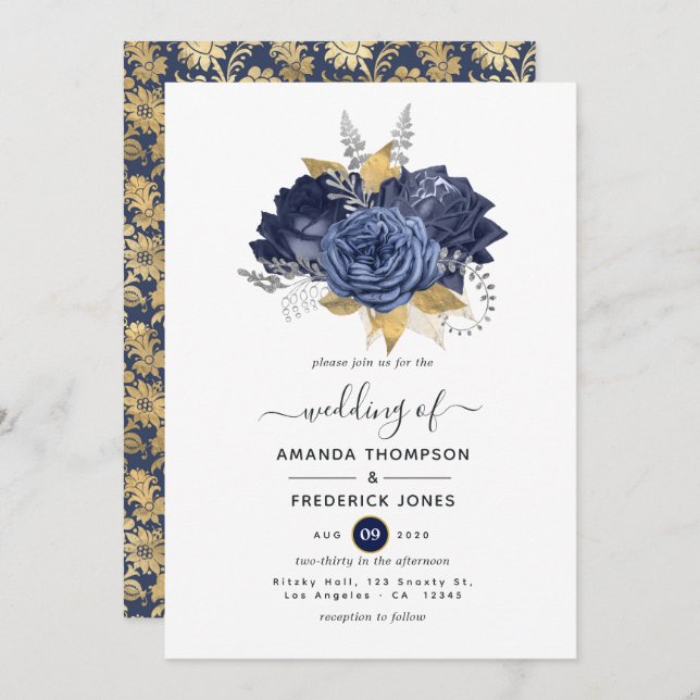 Navy Blue, Gold and Silver Floral Wedding Invitation (Front/Back)