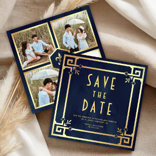 Navy Blue Gold Art Deco Photo Collage Wedding Save The Date