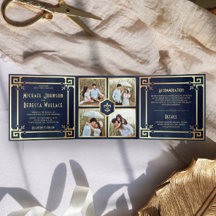 Navy Blue Gold Art Deco Photo Collage Wedding Tri-Fold Invitation