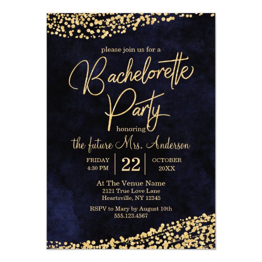 Navy Blue & Gold Bachelorette Party Invitation