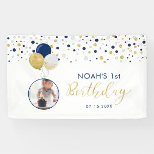 Navy Blue & Gold Balloon 1st Birthday Photo Banner