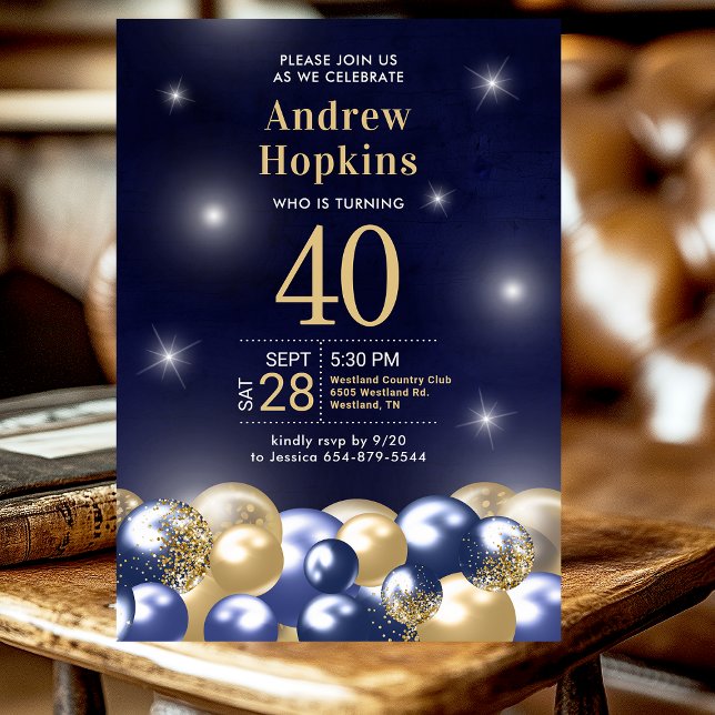 Navy Blue Gold Balloons 40th Birthday Party Invitation (Creator Uploaded)
