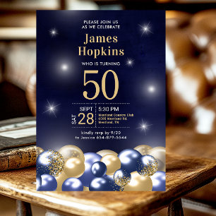 Navy Blue Gold Balloons 50th Birthday Party Invitation