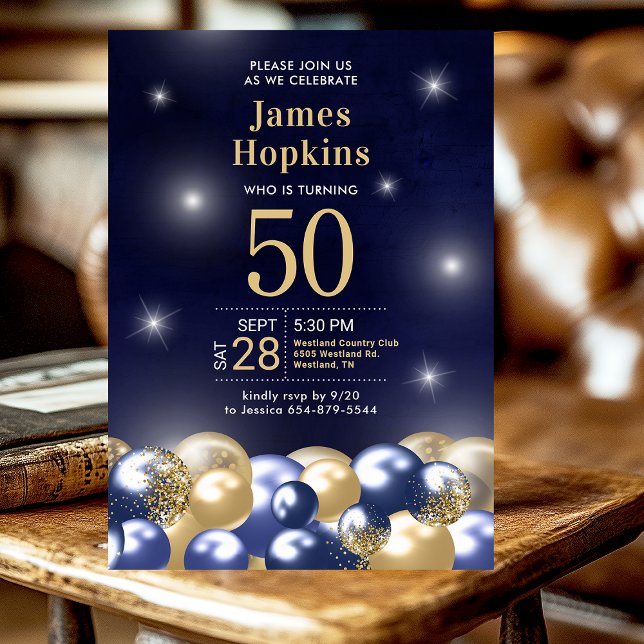 Navy Blue Gold Balloons 50th Birthday Party Invitation (Creator Uploaded)