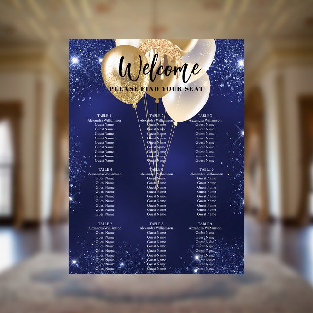 Navy blue gold balloons 9 tables seating chart (Creator Uploaded)
