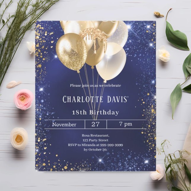 Navy blue gold balloons birthday invitation (Creator Uploaded)