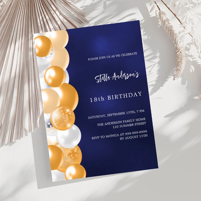 Navy blue gold balloons birthday invitation (Creator Uploaded)