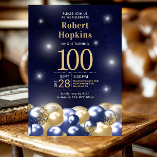 Navy Blue Gold Balloons Photo 100th Birthday Invitation