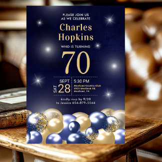 Navy Blue Gold Balloons Photo 70th Birthday Party Invitation