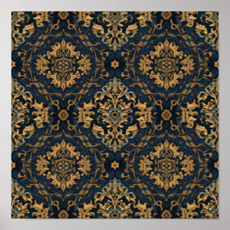 Navy Blue Gold Baroque Damask Pattern Poster