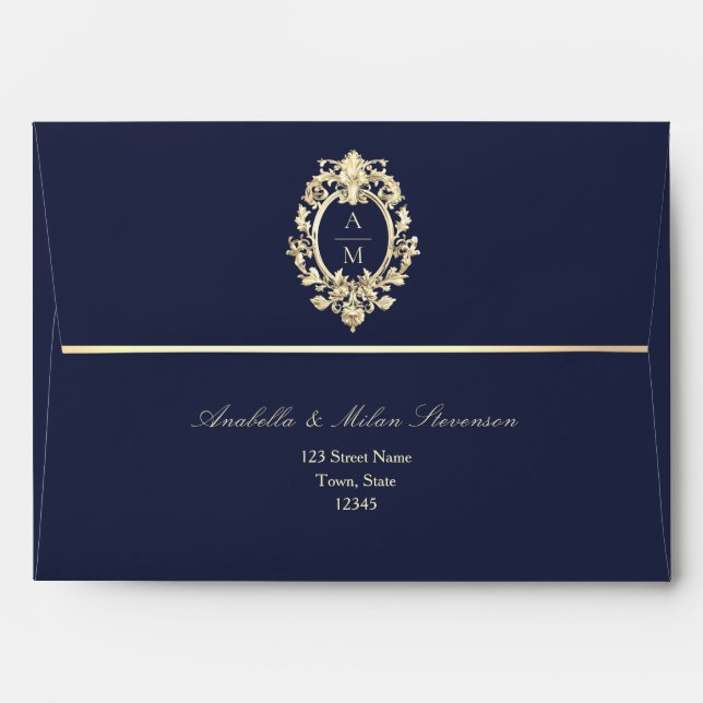 Navy Blue Gold Baroque Wedding Envelope (Back (Top Flap))