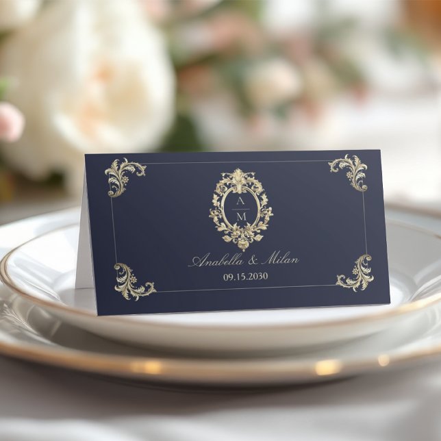 Navy Blue Gold Baroque Wedding Place Card (Creator Uploaded)