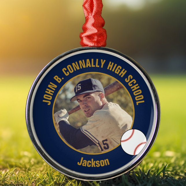 Navy Blue Gold Baseball Player Photo Christmas Metal Ornament (Creator Uploaded)