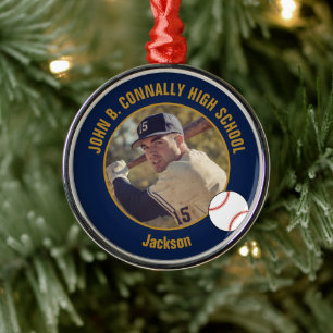 Navy Blue Gold Baseball Player Photo Christmas Metal Ornament
