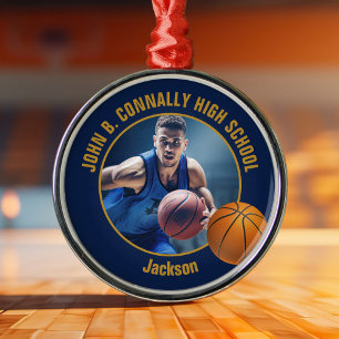 Navy Blue Gold Basketball Player Photo Christmas Metal Ornament