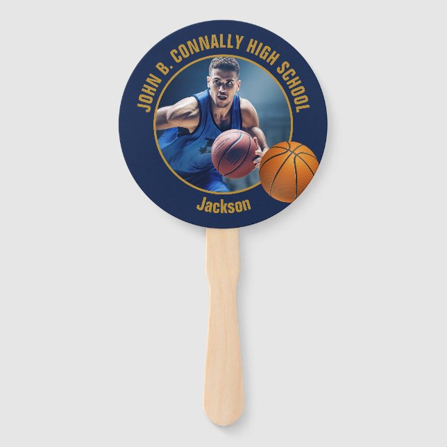 Navy Blue Gold Basketball Player Photo High School Hand Fan (Front)