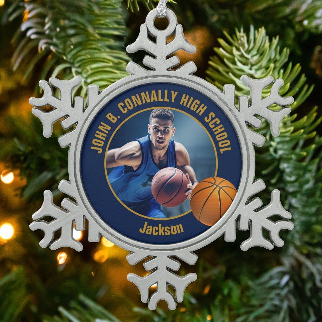 Navy Blue Gold Basketball Player Photo Snowflake Pewter Christmas Ornament (Creator Uploaded)