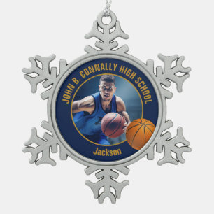 Navy Blue Gold Basketball Player Photo Snowflake Pewter Christmas Ornament