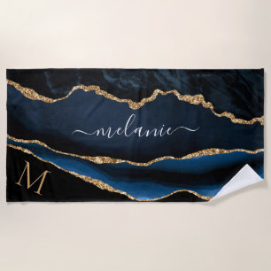 Navy Blue Gold Beach Towel with Custom Name Letter