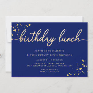 Navy Blue Gold Birthday Lunch Invitation