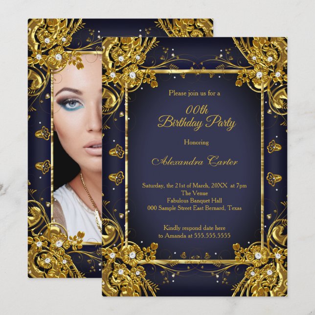 Navy Blue Gold Birthday Party Photo Diamond gem Invitation (Front/Back)