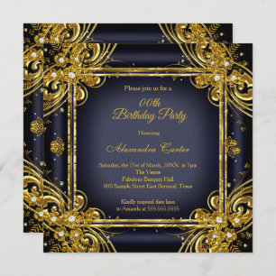 Navy Blue Gold Birthday Party Photo Diamond Invitation