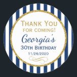 Navy Blue Gold Birthday Thank You Coming Favour Ta Classic Round Sticker<br><div class="desc">Elegant birthday stickers featuring navy blue and white stripes with sophisticated gold glitter accent frame. These fashionable and stylish birthday stickers will be a hit for any birthday party decor and as favour tags. Great for 21st 30th 35th 40th 45th 50th 55th 60th 65th 70th 75th 80th 85th 90th 95th,...</div>