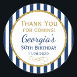 Navy Blue Gold Birthday Thank You Coming Favour Ta Classic Round Sticker<br><div class="desc">Elegant birthday stickers featuring navy blue and white stripes with sophisticated gold glitter accent frame. These fashionable and stylish birthday stickers will be a hit for any birthday party decor and as favour tags. Great for 21st 30th 35th 40th 45th 50th 55th 60th 65th 70th 75th 80th 85th 90th 95th,...</div>