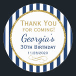 Navy Blue Gold Birthday Thank You Coming Favour Ta Classic Round Sticker<br><div class="desc">Elegant birthday stickers featuring navy blue and white stripes with sophisticated gold glitter accent frame. These fashionable and stylish birthday stickers will be a hit for any birthday party decor and as favour tags. Great for 21st 30th 35th 40th 45th 50th 55th 60th 65th 70th 75th 80th 85th 90th 95th,...</div>
