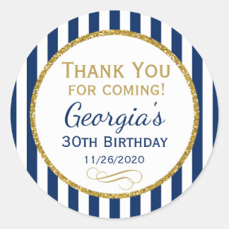 Navy Blue Gold Birthday Thank You Coming Favour Ta Classic Round Sticker