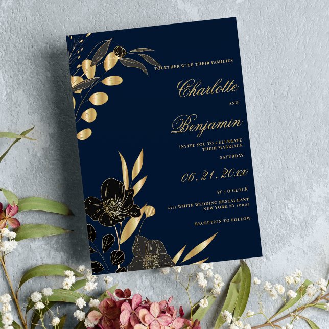 Navy blue gold black elegant floral wedding  invitation (Navy blue gold black elegant floral wedding )
