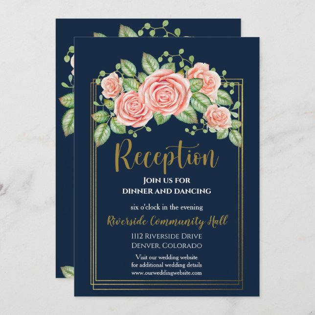 Navy Blue Gold Blush Floral Reception Insert  Invitation (Front/Back)