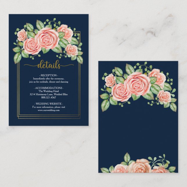 Navy Blue Gold Blush Floral Wedding Enclosure Card (Front/Back)
