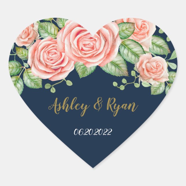 Navy Blue Gold Blush Floral Wedding  Heart Sticker (Front)