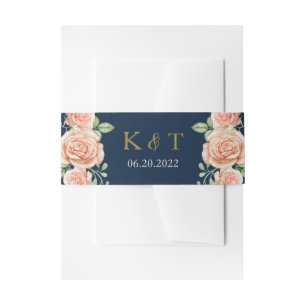 Navy Blue Gold Blush Floral Wedding Invitation Belly Band