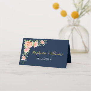 Navy Blue Gold Blush Floral Wedding Place Card