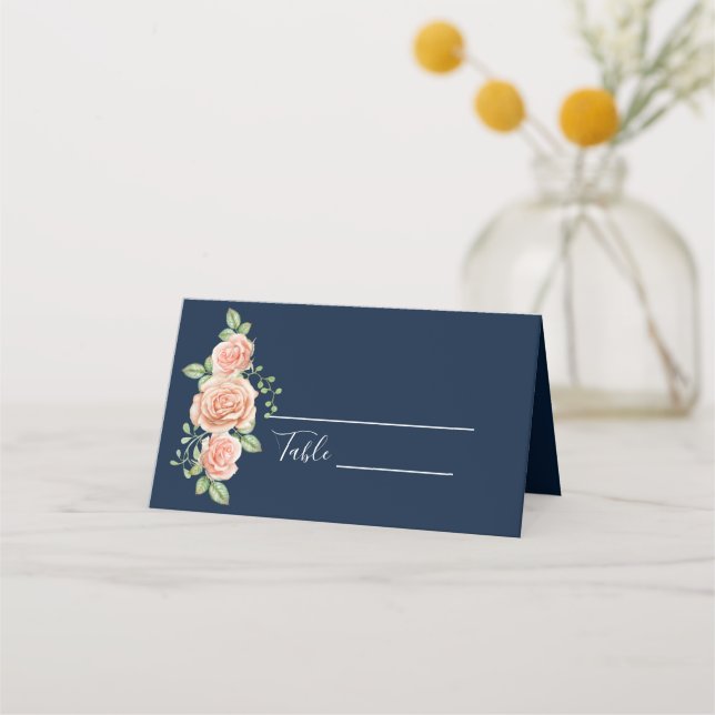 Navy Blue Gold Blush Floral Wedding place cards (Front)