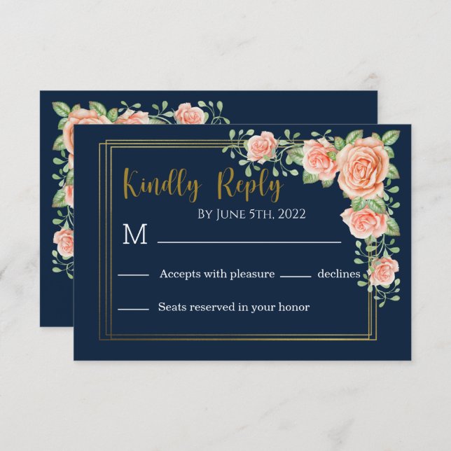 Navy Blue Gold Blush Floral Wedding RSVP Card (Front/Back)