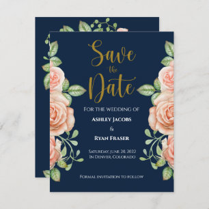 Navy Blue Gold Blush Floral Wedding Save the Date