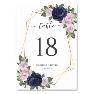 Navy Blue Gold Blush Floral Wedding Table Number